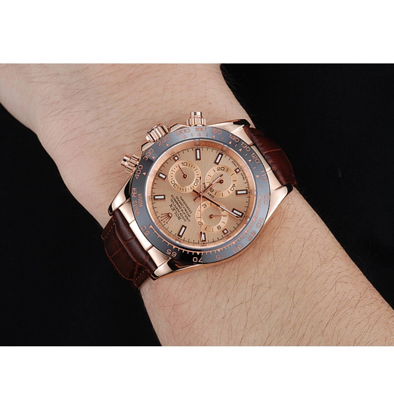 AAA Replica Watches Cosmograph Daytona Dial Rose Rolex Brown Bracelet Brown Case Gold 1454243 Leather 0825